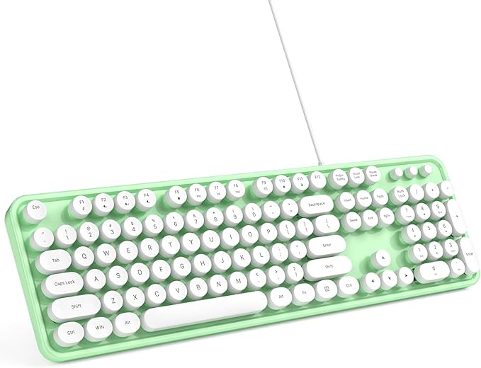 Computer Keyboard Wired, Plug and Play USB Retro Round Typewriter Keyboard, Full Size Wired Keyboard with Foldable Stands for Laptop and Office PC- Green&White Colorful
