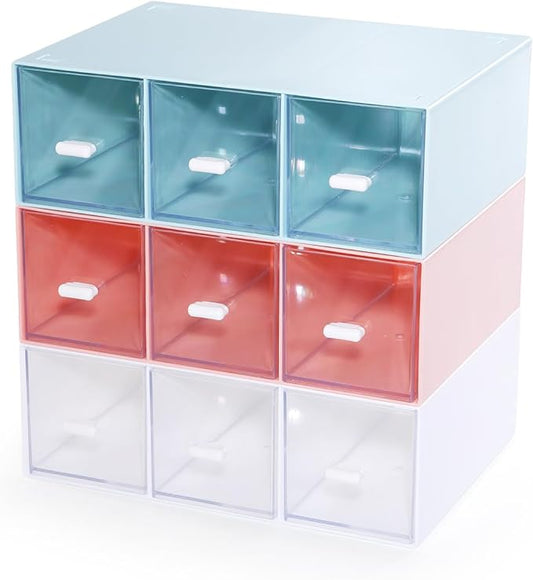 Desktop Drawers, Desk Organizer with 9 Drawers, Stackable Plastic Storage Box for Home Collection, Cosmetics, Office Supplies (3 Tiers, Mixed Colors)