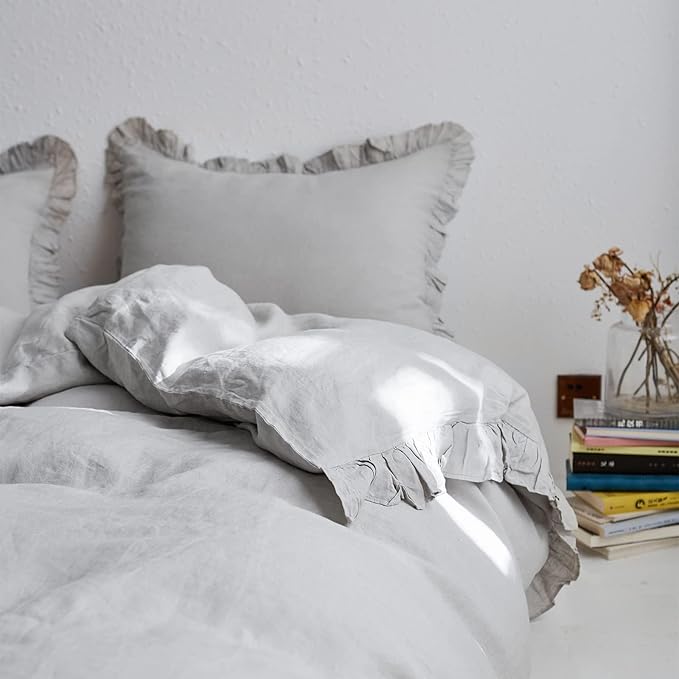 Simple&Opulence 100% Linen Duvet Cover Set, 3 PCS Natural French Flax Light Grey Ruffle Duvet Cover Full Size, Breathable Comfy Linen Bedding Comforter Cover with 2 Pillowcases (Light Grey, 78" X 86")