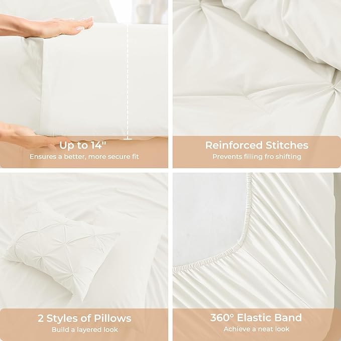Sasttie Twin XL Comforter Set, 5-Piece Bed in a Bag, Pintuck Bedding Sets for All Season, Includes Comforter, Flat Sheet, Fitted Sheet, Pillowcase and Pillowsham, Ivory