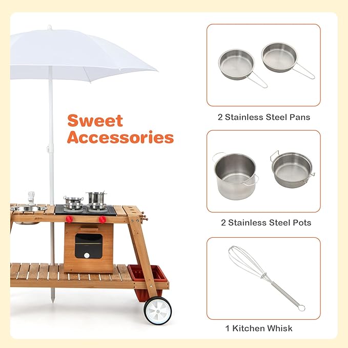 HONEY JOY Mud Kitchen with Umbrella, Wooden Rolling Mud Table Cart, Toddler Outdoor Kitchen Playset, Sink, Faucet, Planting Pots, Utensils, Storage Cabinet, Mud Kitchen for Kids Outdoor with Wheels