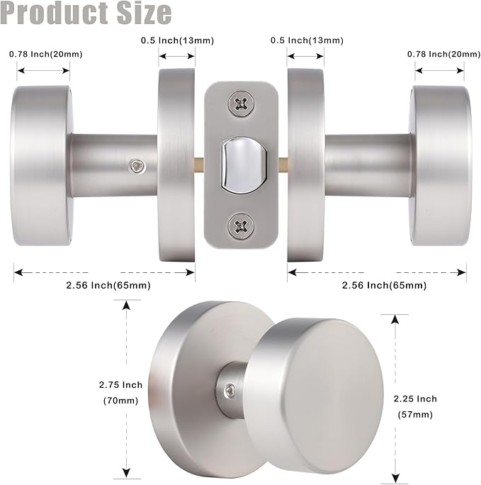 Satin Nickel Passage Door Knob, Brushed Nickel Interior Door Knobs for Closet and Hallway Doors, Round Modern Non-Locking Door Handles