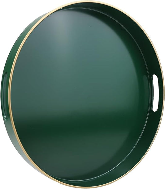 Omuriko Green Round Decorative Tray with Handles, 13" Versatile Serving Tray for Coffee Table, Ottoman, Ideal for Serving, Displaying, Organizing