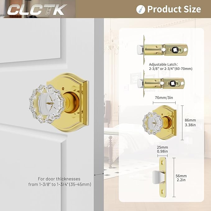 CLCTK Glass Door Knobs Interior with Lock, Crystal Privacy Gold Door Knob Polished Brass Door Knobs for Bedroom Bathroom, 1 Pack