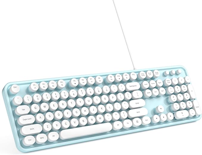 Computer Keyboard Wired, Plug and Play USB Retro Round Typewriter Keyboard, Full Size Wired Keyboard with Foldable Stands for Laptop and Office PC- Blue&White Colorful