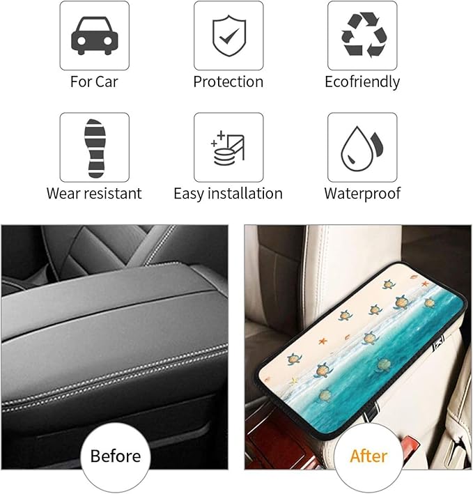 DORKEIXIA Ocean Kawaii Cute Turtle Crawling On The Beach Auto Center Console Armrest Pad Universal Car Center Console Cover Seat Box Cover for Sedan, Van, SUV, Truck Car Accessorie