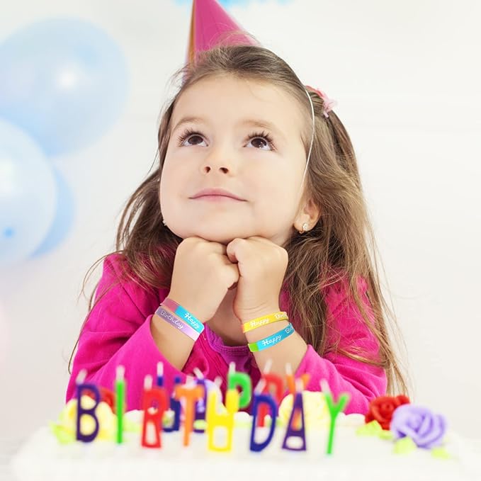 FOIMAS 24pcs Birthday Rubber Bracelet,Colored Happy Birthday Silicone Wristband for Kids Students Birthday Classroom Party Favor