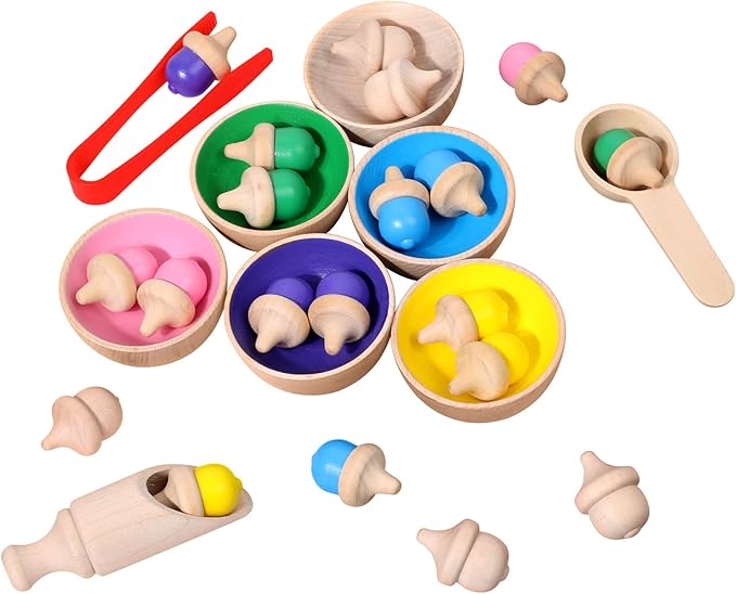 WODI Wooden Color Sorting Toys for Toddlers 3+ Rainbow Counting Acorns with Matching Sorting Cups Montessori Toys for 3+ Year Old Preschool Learning Activities for Sensory Training