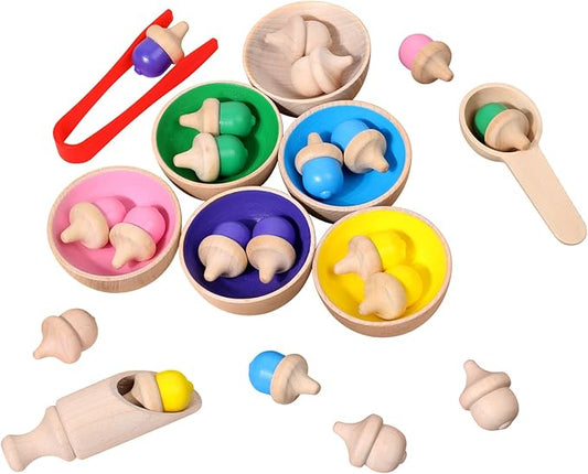 WODI Wooden Color Sorting Toys for Toddlers 3+ Rainbow Counting Acorns with Matching Sorting Cups Montessori Toys for 3+ Year Old Preschool Learning Activities for Sensory Training