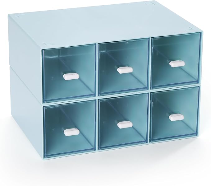 Desktop Drawers, Desk Organizer with 6 Drawers, Stackable Plastic Storage Box for Home Collection, Cosmetics, Jewelry, Office Supplies (2 Tall Layers, Blue)