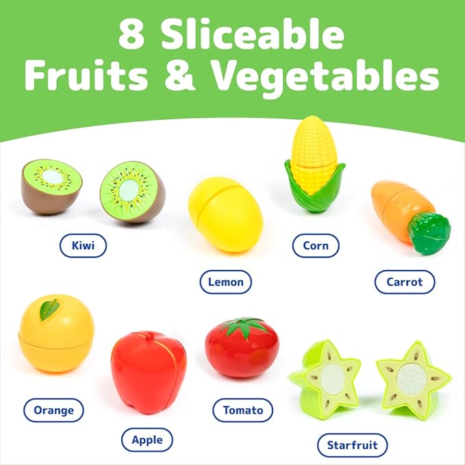 Kids Cooking and Baking Chef Set with Sliceable Play Food - Pretend Play Toddler Kitchen Toys - Kid Chef Apron, Fruit, Veggies, Hat & Utensils Kids Toy (Chef Set with Play Food)