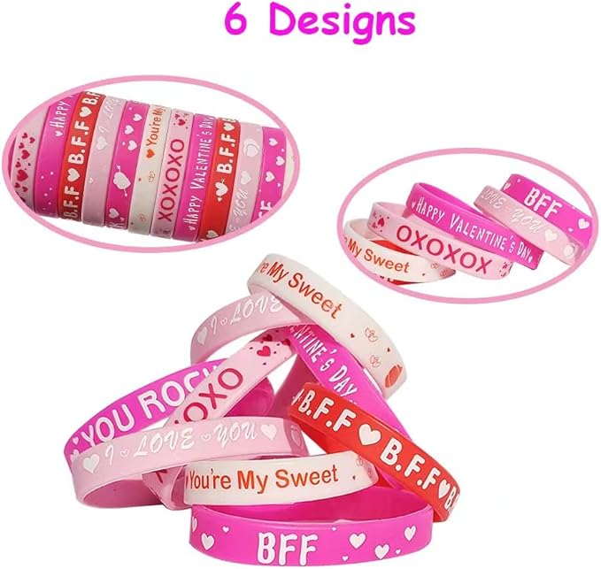 60pcs Valentines Day Wristband Silicone Heart Rubber Bracelets for Valentines Day Party Decoration Party Favors School Gifts Supplies