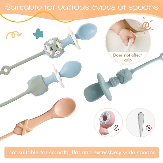 Toddler Utensils，Silicone Stretch Lids for fork and spoon,Holder Strap Food Grade Silicone Keep Fork and Spoon Off The Floor Great for Baby and Kids Dishwasher Safe （Apricot and Orange)