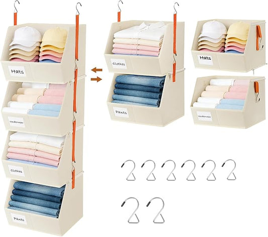 4 Pcs Modular Closet Organizer - Detachable & Foldable Hanging Storage Cubes, 88L Total Capacity, Heavy Duty Fabric Shelves for Wardrobe, Closet Organization, RV, Dorm, Beige