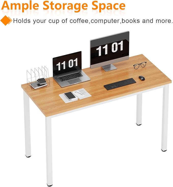 Need Computer Desk, 47 inch Home Office Desk, Modern Simple Style Home Office Gaming Desk, Basic Writing Table for Study Student, White Metal Frame, Teak