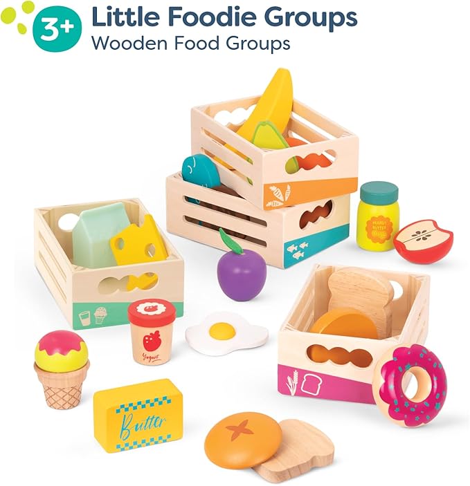 B. toys- Little Foodie Groups- Pretend Play Wooden Play Food – Food Group Crates – 24 Play Kitchen Accessories – Educational Toys for Kids – 3 Years +
