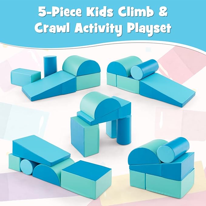 HONEY JOY 5-Piece Climb and Crawl Playset, Soft Climbing Foam Block Activity Play Structure Gym Equipment for Infant Baby, Color Coordination, Waterproof Indoor Climbing Toys for Toddlers (Blue)