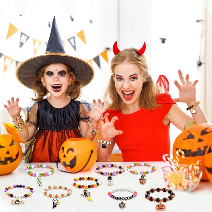 12pcs Halloween Bracelets for Kids, Halloween Party Favors Bead Bracelets and Charms Set Trick or Treat for Boys Girls Halloween Goodie Bag Fillers