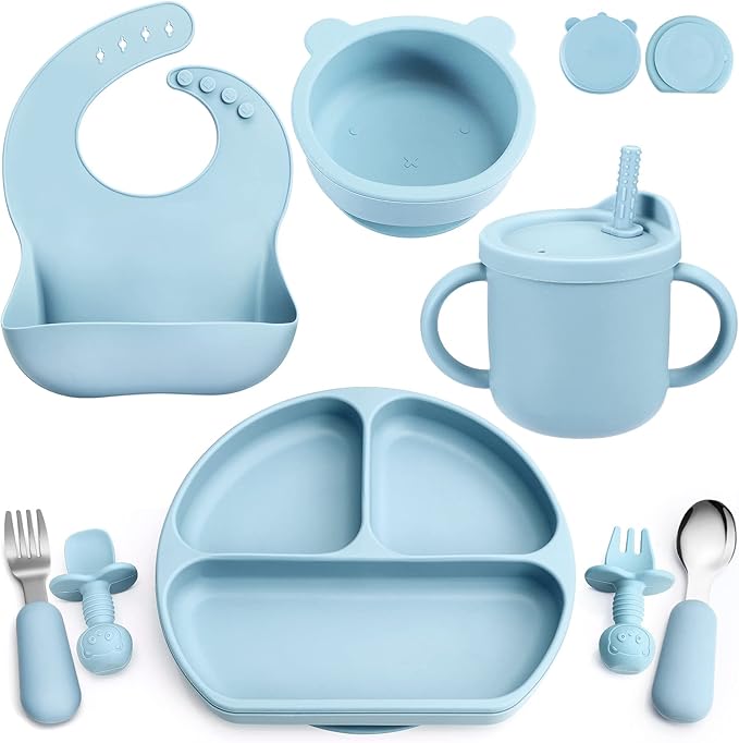 Silicone Baby Feeding Set, Baby Led Weaning Supplies with Suction Bowl Divided Plate, Toddler Self Feeding Dish Set with Spoons Forks Sippy Cup Adjustable Bib, Eating Utensils for 6+ Months(Blue)