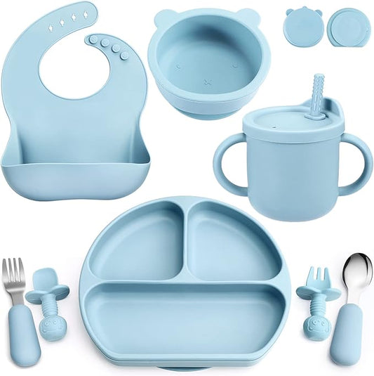 Silicone Baby Feeding Set, Baby Led Weaning Supplies with Suction Bowl Divided Plate, Toddler Self Feeding Dish Set with Spoons Forks Sippy Cup Adjustable Bib, Eating Utensils for 6+ Months(Blue)