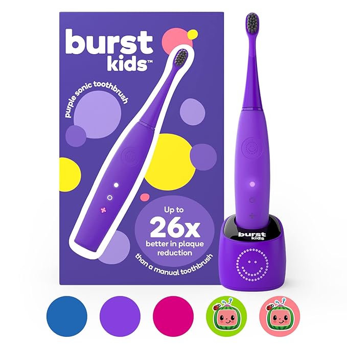 Burst Kids & Toddlers Electric Toothbrush (Purple) | Soft Bristles | Two Minute Timer | Rechargeable Battery | Easy-Grip Silicone Handle | 2 Modes for Healthy Smiles | Ages 3+
