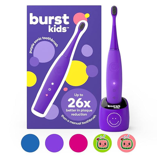 Burst Kids & Toddlers Electric Toothbrush (Purple) | Soft Bristles | Two Minute Timer | Rechargeable Battery | Easy-Grip Silicone Handle | 2 Modes for Healthy Smiles | Ages 3+