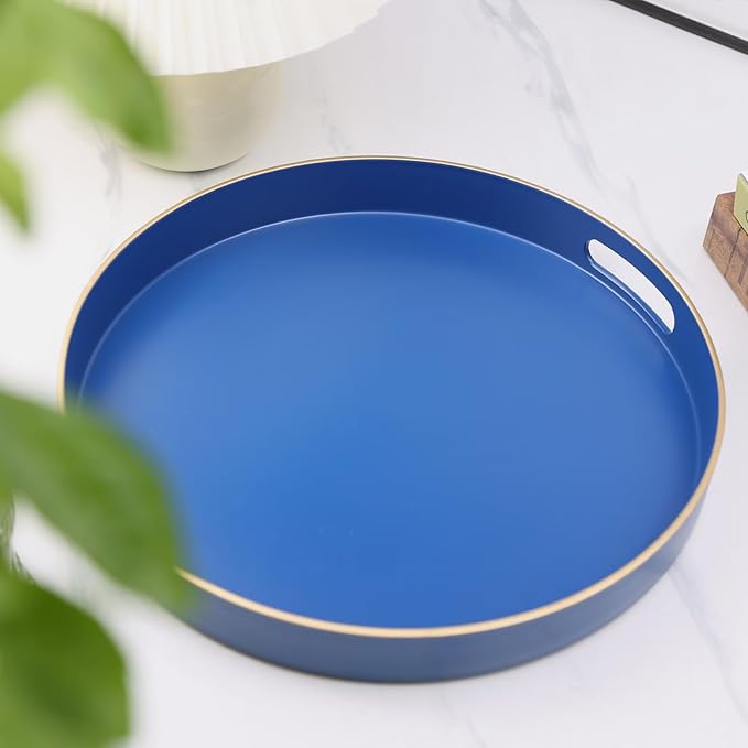 Omuriko Royal Blue Round Decorative Tray with Handles, 13" Versatile Serving Tray for Coffee Table, Ottoman, Ideal for Serving, Displaying, Organizing