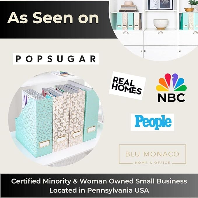 BLU MONACO | Set of 4 Foldable Pink & Aqua Magazine File Holders with Gold Geometric Patterns | Vertical File Organizer Boxes with Gold Label Holders for Home & Office