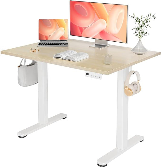 YDN Electric Standing Desk Adjustable Height, 40 x 24 Inches Stand up Desk with Cable Management, Home Office Desks with Splice Board & White Frame, Nature Top