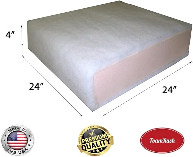 FoamRush 4" x 24" x 24" Seat Cushion Foam with Batting/Dacron (Cushion Seat Replacement) Made in USA
