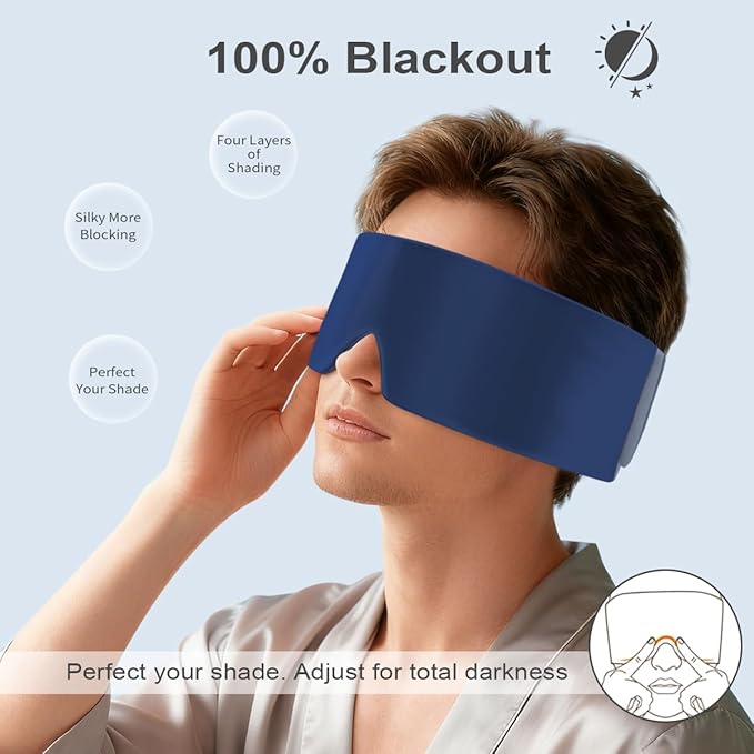 Warmcuddly Sleep Mask for Men Blackout: Reversible Dual-Sided Eye Mask with Adjustable Band - Soft Cotton and Silky Cooling Blindfold for Women Travel Nap Meditation （Navy）