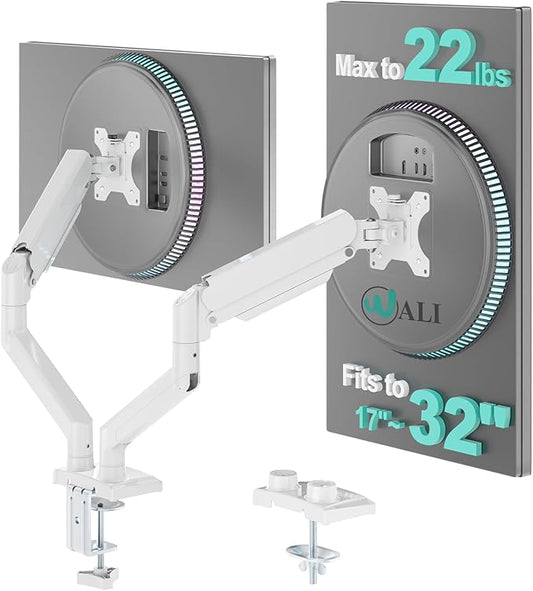 WALI Dual Monitor Stand, Adjustable Gas Spring Arm Monitor Mount for 2 Monitors up to 32 Inch,19.8lbs Capacity (GSMP002W), White by WALI