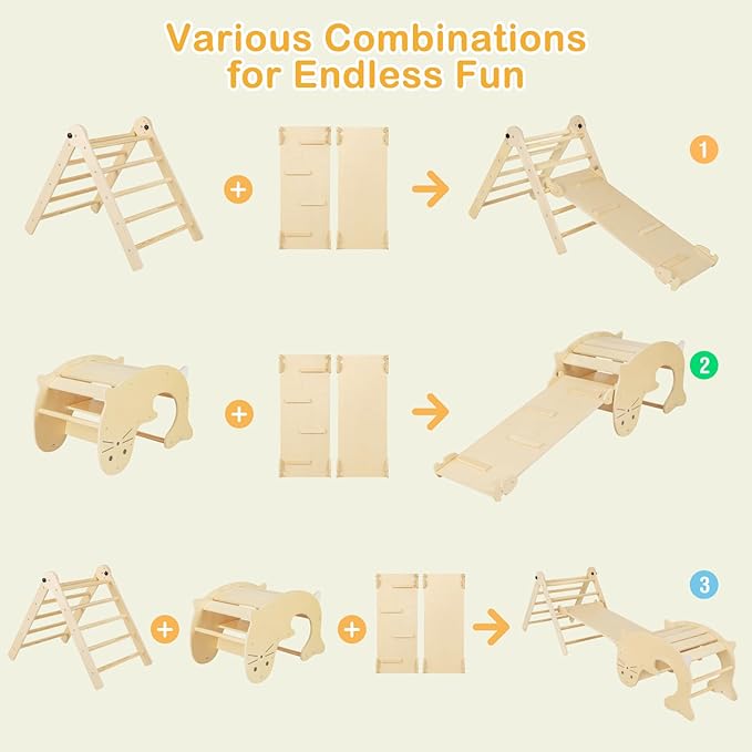 Costzon Climbing Toys for Toddlers, Foldable Montessori Wooden Arch Climber Ladder with Sliding Ramp, Play Table, Multi-Combination Methods, Kids Triangle Climber Play Gym Set for Boys Girls Present