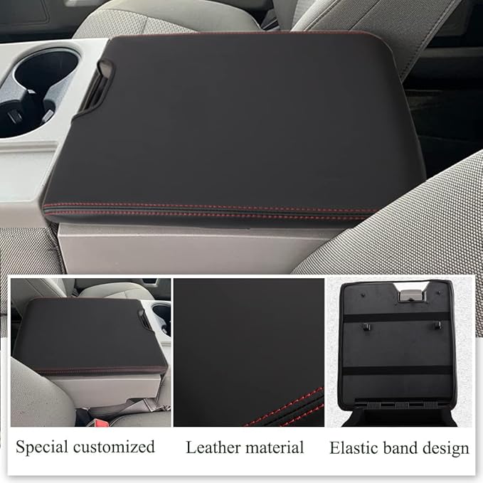 XITER 1PC Leather Center Console Armrest Cover Waterproof Protector Cover for 2015-2026 F150 2017-2026 F250 F350 F450 Super Duty with 40/20/40 Jump Seat(Red Stitches)