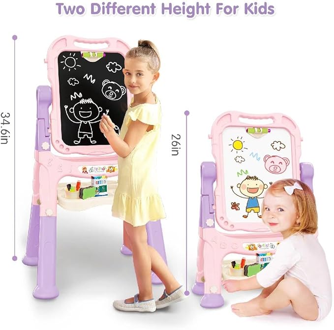 Kids Art Easel, Adjustable Drawing White Board & Chalk Board, Toddler Standing Easel with Painting Accessories, Gift for Girls Boy (Pink)