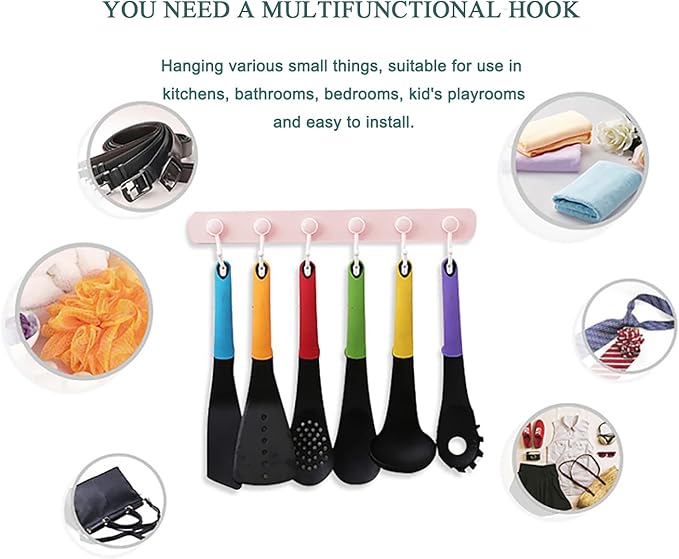 Coat Rack Wall Mount for Kids Room, 6 Rotating Adhesive Wall Hooks for Hanging Clothes Cooking Tools Towels in Kitchen,Bathroom,Office, Pink Decorative Hangers for Girls Bedroom (Pink 1 Pack)