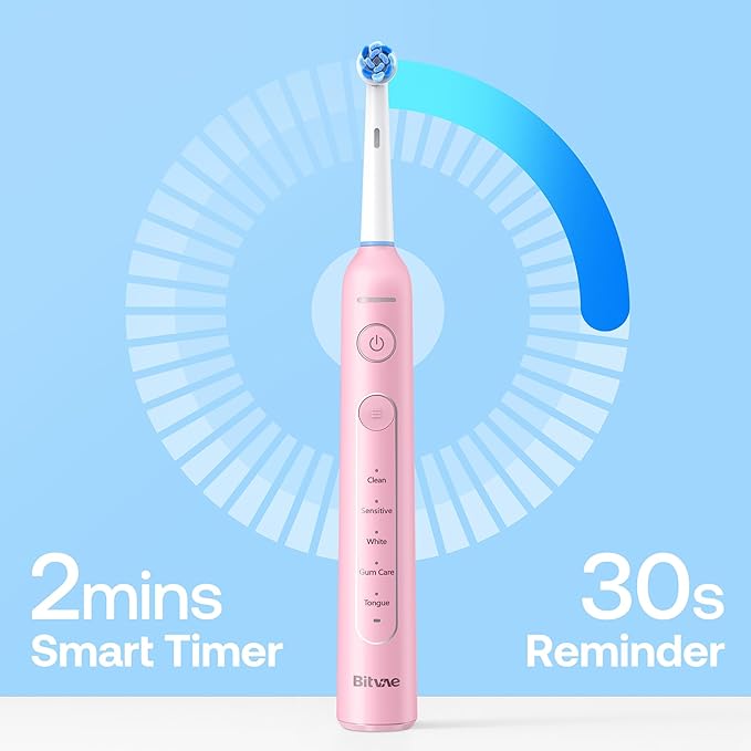 Bitvae R2 Rotating Electric Toothbrush for Adults with 8 Brush Heads, 5 Modes Rechargeable Power Toothbrush with Pressure Sensor, Pink