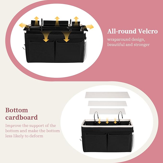 Bedside Caddy Bedside Hanging Storage Basket Bed Caddy for Headboards Bunk Dorm Rooms Crib Beds Rails Organizer (Black)