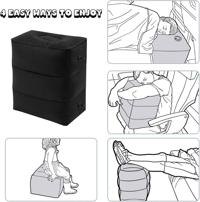 Travel Foot Rest Pillow, Portable Inflatable with Double Hand Pump Adjustable Three Layers Height Pillow for Foot Rest on Airplanes,Cars,Buses,Trains,Office Kids to Sleep on Long Flights (Black 1)