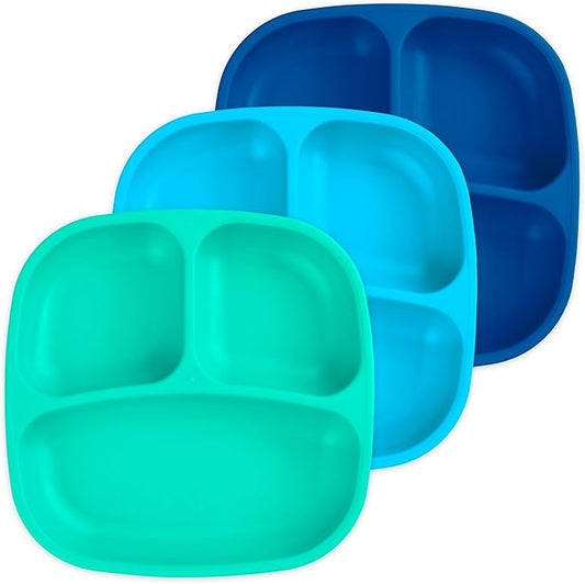 Re-Play Made in USA 7" Deep Walled Divided Plates for Kids, Set of 3 - Reusable 3 Compartment Plates, Dishwasher and Microwave Safe - 7.37" x 7.37" x 1.25", A True Blue