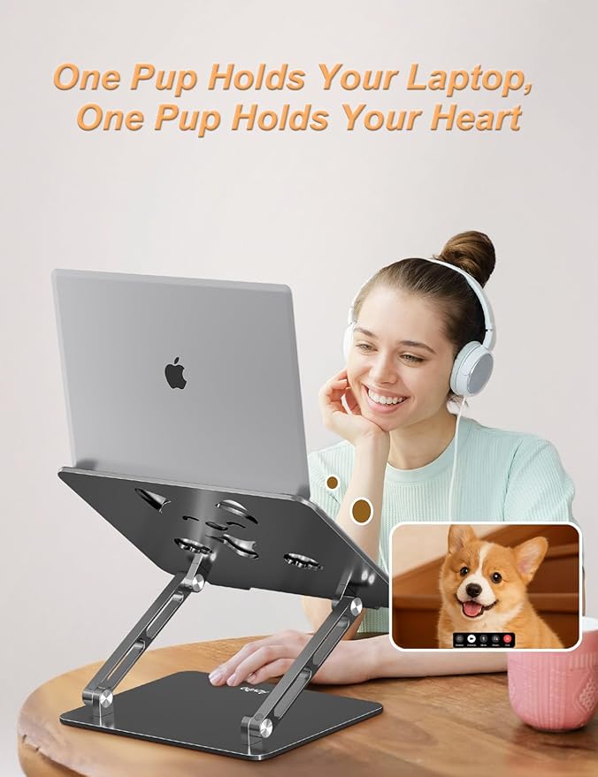 Aluminum Laptop Stand for Desk, Height-Adjustable Riser, Sturdy Ergonomic Holder with Puppy Shaped Vents for Heat Dissipation, Fits 10"-17.3" MacBook Air/Pro, Dell, HP, Lenovo, Gray