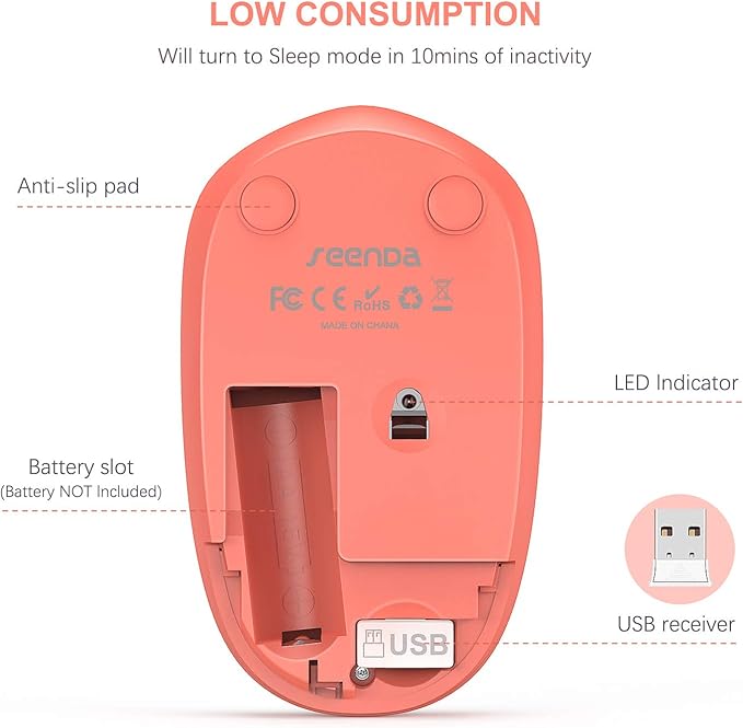 seenda Wireless Mouse, 2.4G Noiseless Mouse with USB Receiver Portable Computer Mice for PC, Tablet, Laptop, Notebook - Living Coral