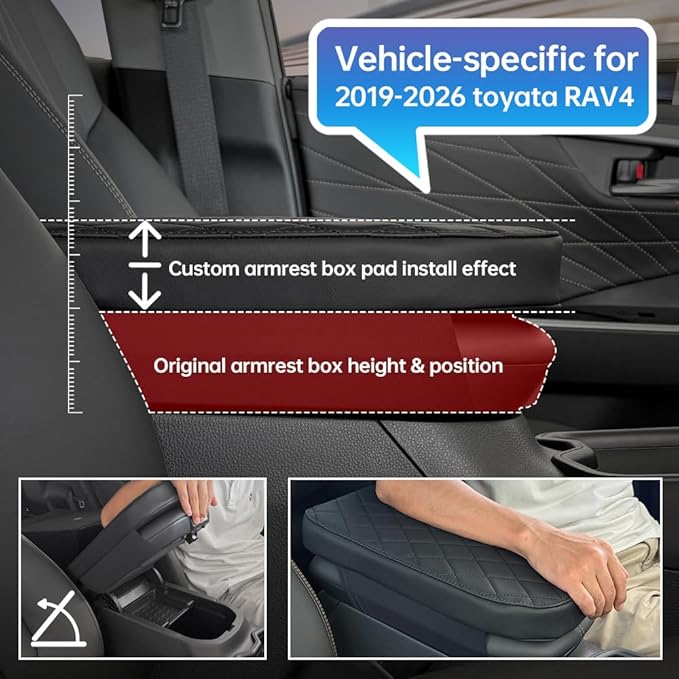 POKSRI Car Center Console Cover pad for Toyota RAV4(2019-2026). Arm Fatigue Relief, armrest Cushion Protect Original Leather from pet Claws, Waterproof Leather&Sponge, Interior Accessories, Black.