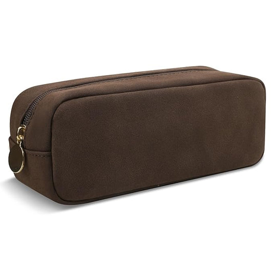 UIXIZQ Waterproof Small Makeup Bag for Purse,Cute Pouch Preppy Suede Makeup Brush Holder with Zipper,Girls Teens Portable Storage Case Small Travel Toiletry Bag for Office(Slim-Coffee)