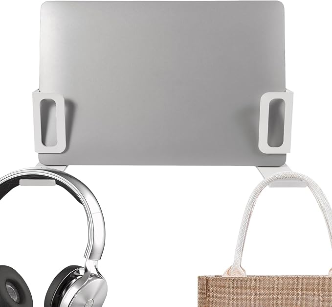 Desk Side Laptop Stand, Vertical Desk Side Laptop Holder with Headphone Stand, Adjustable Length Mount Storage Rack, No Drill Clamp Organizer for Laptops, Tablets, Keyboards (White)