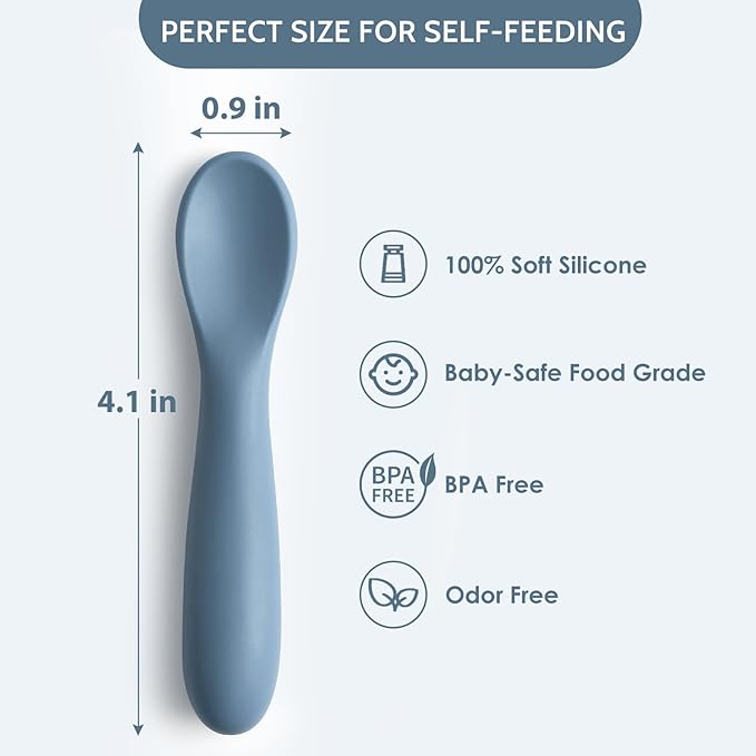 6 Pack Baby Spoons, First Stage Spoons, Shorter Length for Self Feeding, 6+ Months, Baby Training Spoons Infant Spoons, Food Grade Silicone, Dishwasher Safe & Boil-proof