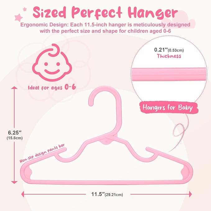 HOUSE DAY Premium Baby Hangers 60 Pack, 11 Inch Kids Plastic Hangers Pink, Slim Childrens Hangers for Infant, Toddler, and Child Clothes, Durable Baby Clothes Hangers for Closet