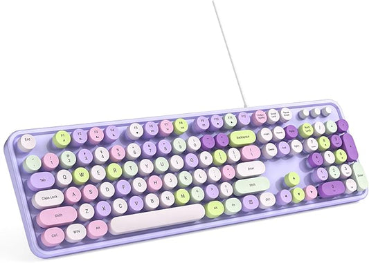 Computer Keyboard Wired, Plug and Play USB Retro Round Typewriter Keyboard, Full Size Wired Keyboard with Foldable Stands for Laptop and Office PC- Purple Colorful
