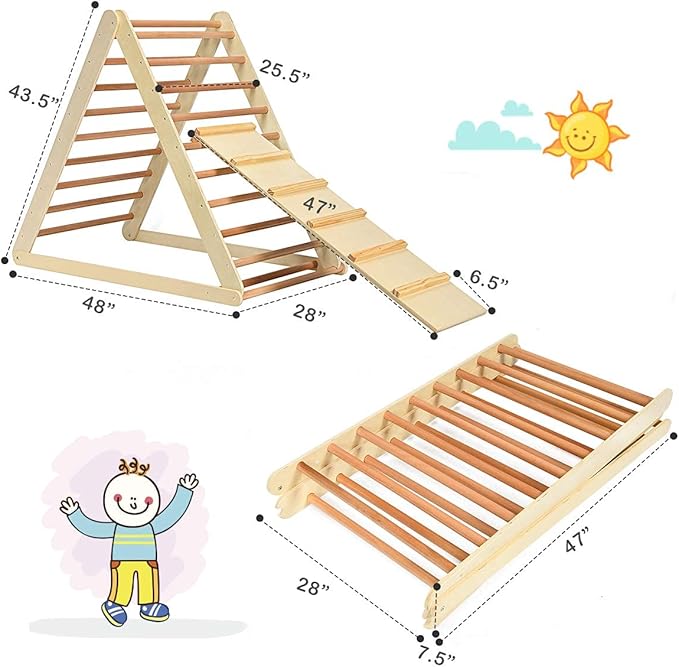 Costzon Foldable Climbing Toys for Toddlers, 3 in 1 Montessori Wooden Triangle Climber for Sliding & Climbing, Kids Indoor Climbers & Gym Play Structures for Boys Girls Gift Present