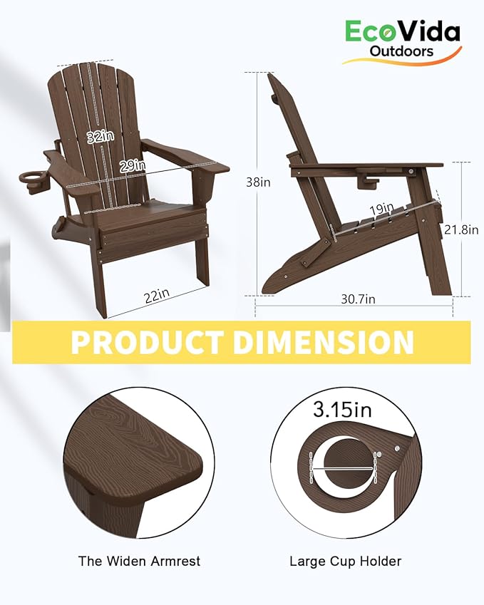 Upgraded Folding Adirondack Chair with All-Weather Cup Holder-EcoVida, Premium Wood Grain Texture, HDPE Waterproof, Suitable for Fire Pit, Patio, Porch, Coffee